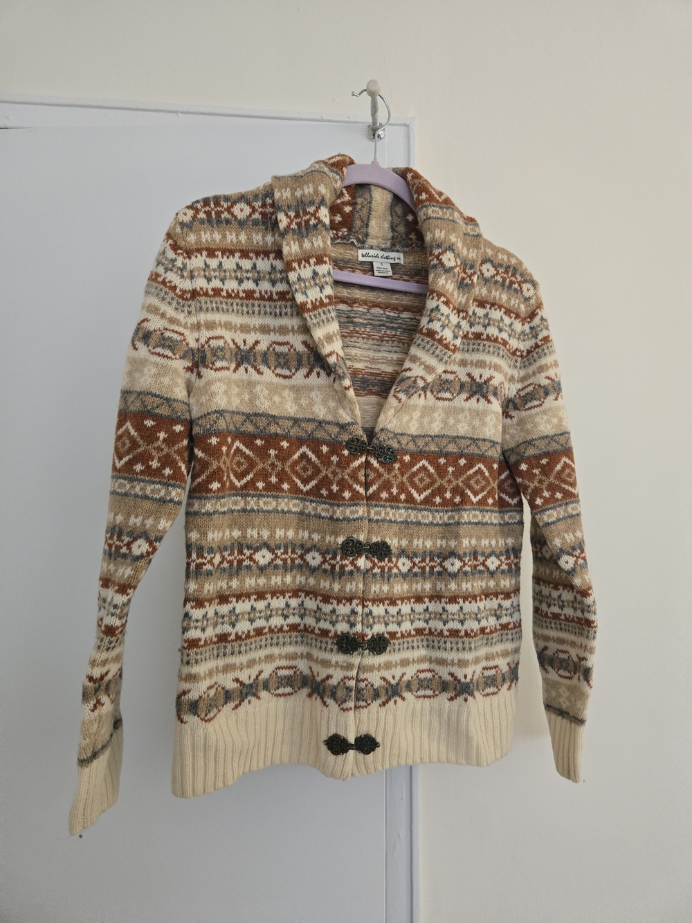 Vintage-Inspired Cream and Tan Patterned Shawl Collar Sweater